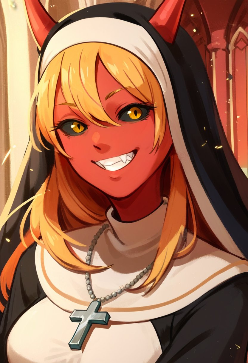 score_9, score_8_up, score_7_up, 1girl, demon girl, red skin, dress, demon horns, grin, nun, long hair, dress, blonde hair, yellow eyes, black sclera, upper body, cross necklace, medium breasts,