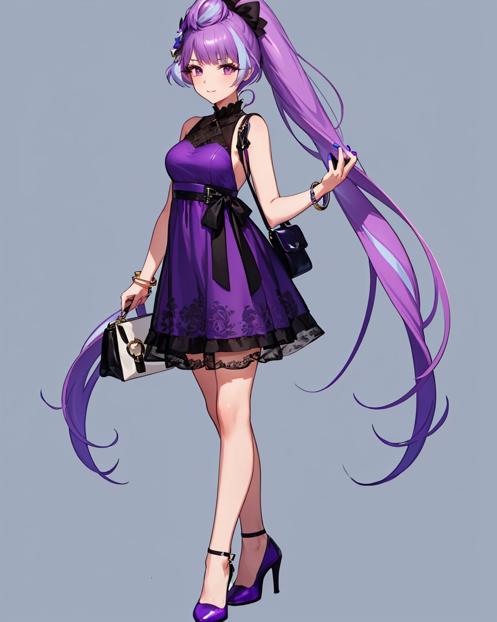 masterpiece,best quality, highly detailed, mikumo guynemer,1girl, solo, blue background, handbag, sleeveless dress, short dress, full body, bracelet, standing, sketch, holding bag, purple footwear, purple dress, medium breasts, simple background, shiny, nail polish, looking at viewer, high ponytail, ponytail, pumps, closed mouth, sideboob, backless dress,<lora:mikumo_guynemer:1>