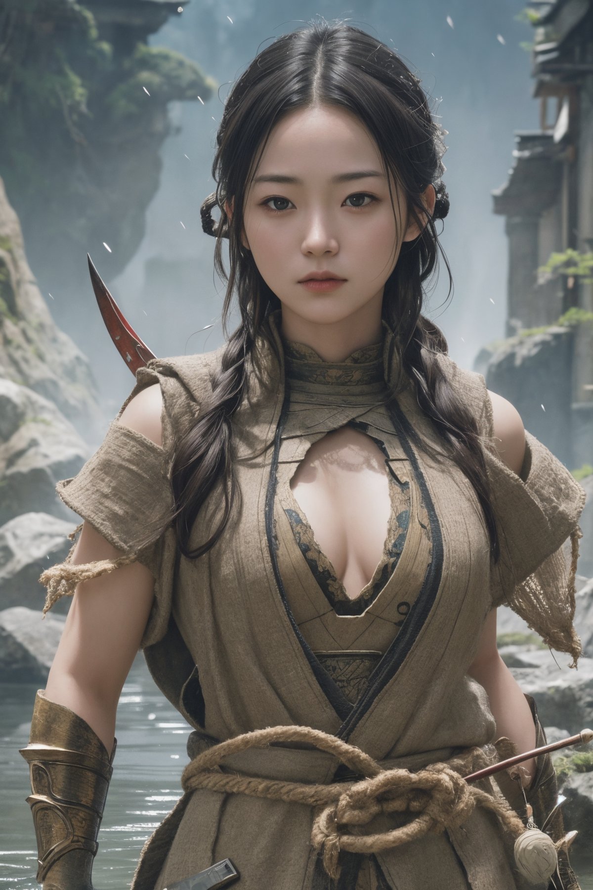 wabi  sabi, zen, shinobi \(sekaiju\), female character, realistic detail skin texture with scars, photo-realistic, best quality, extremely detailed, hyper detailed, extremely high resolution, extremely high res, high resolution, highres, natural volumetric lighting, detailly environment, complicated fantasy waterworld background,RAW Photo, 50mm lens, F1.2, sharp focus, style by inoue takehiko,