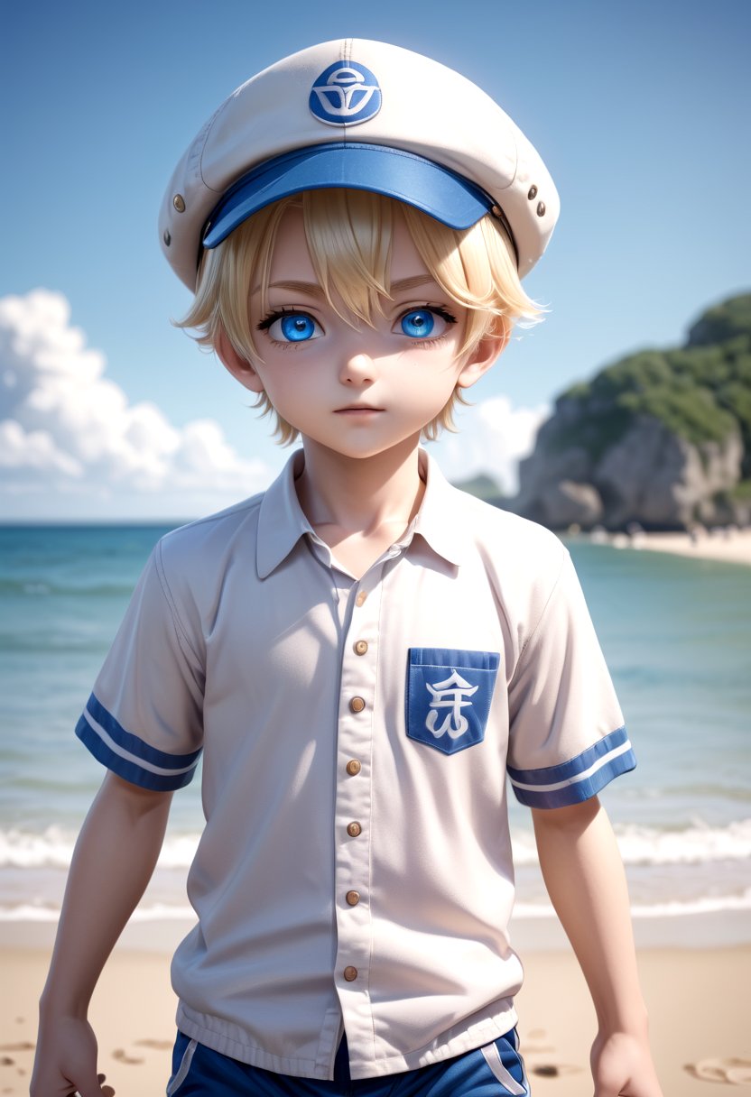 1boy, aoki, blonde hair, hat, masterpiece, ultra detail, beach, blue eyes, cute shirt, shorts, standing, full shot,(masterpiece:1.2), best quality, high resolution, unity 8k wallpaper, (illustration:0.8), (beautiful detailed eyes:1.6), extremely detailed face, perfect lighting, extremely detailed CG, (perfect anatomy),