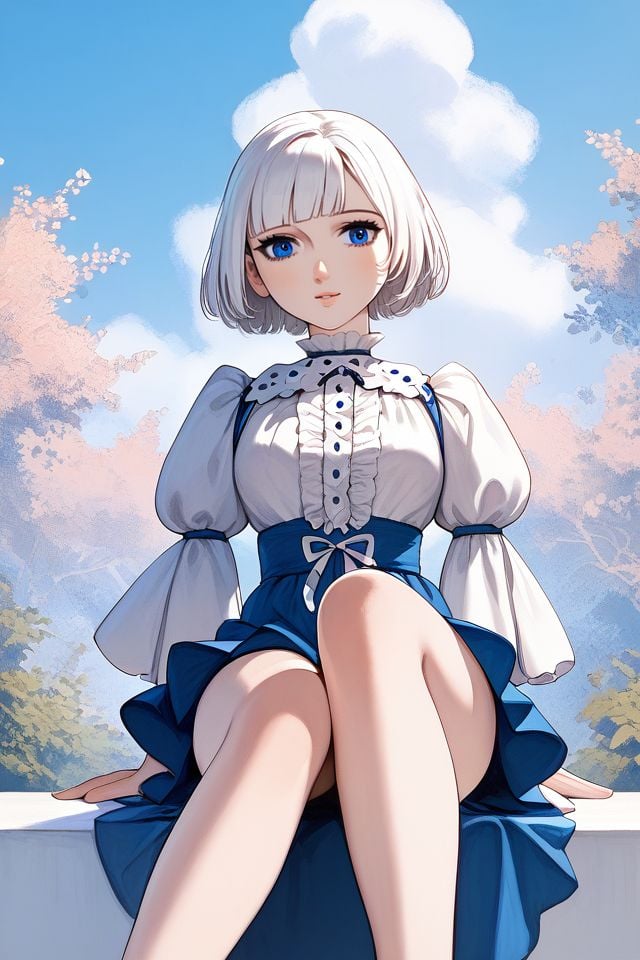 score_9, score_8_up, score_7_up, 1girl, white hair, short_bangs, blue eyes, knees apart feet together, beautiful background <lora:Osamu_Tezuka_PonyXL_style_v01.10.02.02:1>