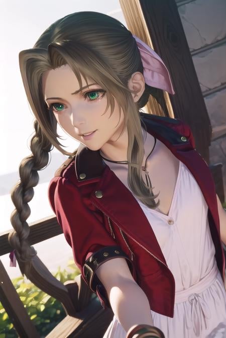 aerithgainsborough, <lora:aerith gainsborough ingame pruned-lora-nochekaiser:1>,aerith gainsborough, long hair, brown hair, bow, ribbon, (green eyes:1.3), hair ribbon, pink bow, braid, braided ponytail, single braid, smile,BREAK dress, jewelry, jacket, bracelet, red jacket, cropped jacket, white dress,BREAK outdoors,BREAK looking at viewer, dynamic pose,BREAK <lyco:GoodHands-beta2:1>, (masterpiece:1.2), best quality, high resolution, unity 8k wallpaper, (illustration:0.8), (beautiful detailed eyes:1.6), extremely detailed face, perfect lighting, extremely detailed CG, (perfect hands, perfect anatomy),