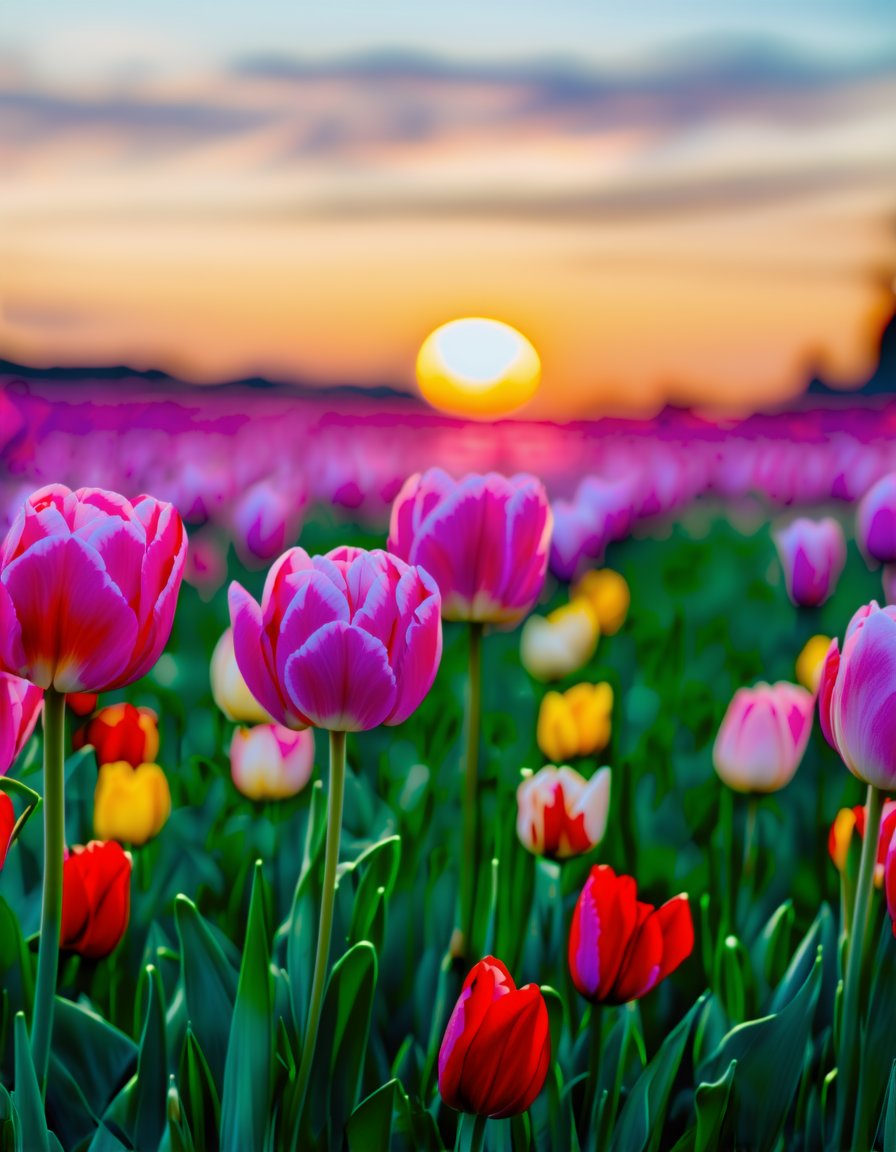 best quality, 4K, 8K, high-resolution, masterpiece, ultra-detailed, photorealistic,  colorful tulips are blooming in a field with the sun in the background stock fotó, flower, outdoors, blurry, no humans, blurry background, depth of field, plant, red flower, scenery, nature, purple flower, still life, tulip,