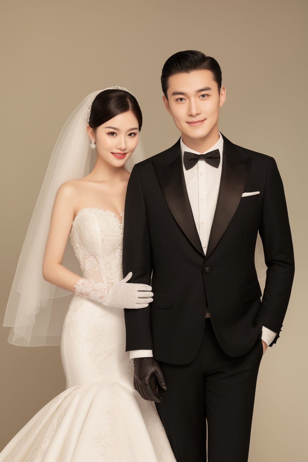 wedding attire,couple,bride,groom,wedding gown,tuxedo,bridal veil,gloves,bouquet,happy expression,posing,studio portrait,elegance,formal wear,Asian ethnicity,side glance,romantic,standing pose,timeless,sophisticated,muted colors,soft lighting,textured background,, masterpiece,best quality,ultra-detailed,