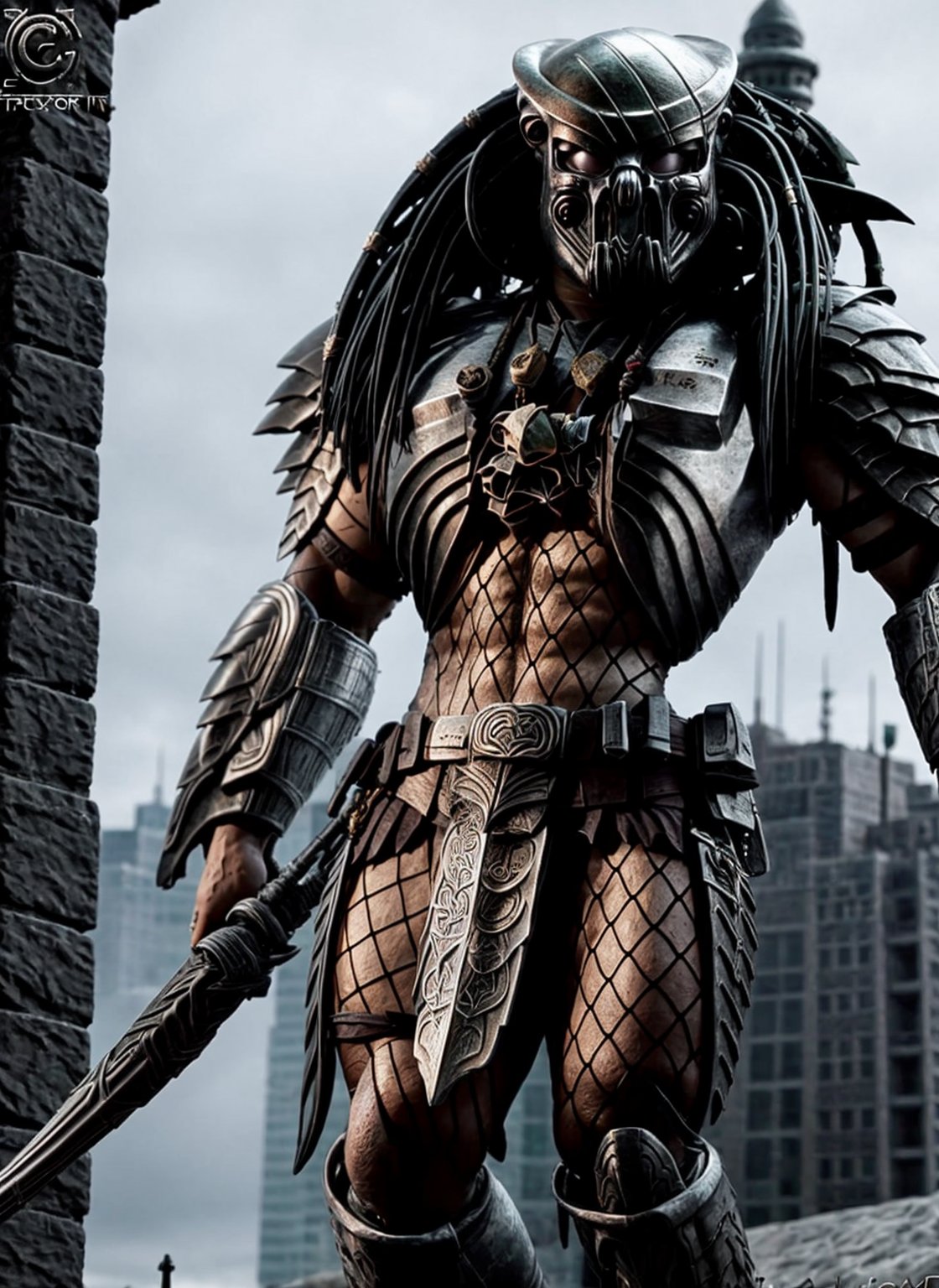 celtic predator, full body view, hyper detailed, insane details, intricate details, 8k, Very detailed, Best Quality, in the detailed city street, sword, Sharp focus<lora:EMS-352884-EMS:0.900000>, <lora:EMS-179-EMS:0.400000>