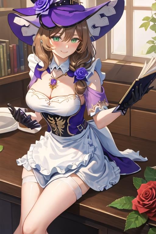 best quality, masterpiece, highres, solo, {maid:1.40}, {long maid dress:1.15}, {lisa_genshin:1.15}, long_hair, green_eyes, bangs, brown_hair, flower, breasts, smile, hat, rose, cleavage, large_breasts, purple_flower, witch_hat, hair_between_eyes, purple_headwear, hair_ornament, jewelry, hair_flower, purple_rose, hat_flower, blush