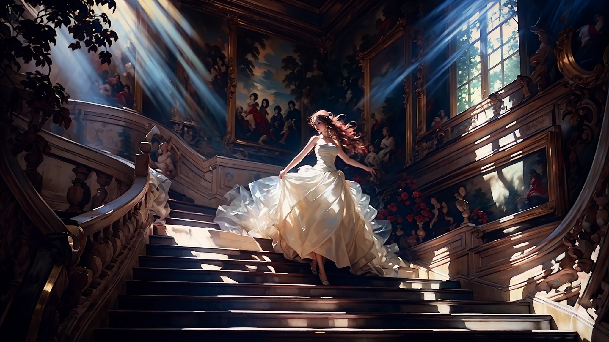 Low Angle shooting, super wide lens,Rococo style，solo, bare shoulders，strapless dress，sunbeam，sunlight，medium breasts,curtains，tree，light rays，reflection，long hair，stairs，babydoll,A shot with tension，(sky glows red,Visual impact,giving the poster a dynamic and visually striking appearance:1.2),Chinese Zen style,impactful picture,<lora:绪儿-洛可可油画风 Rococo style:1>