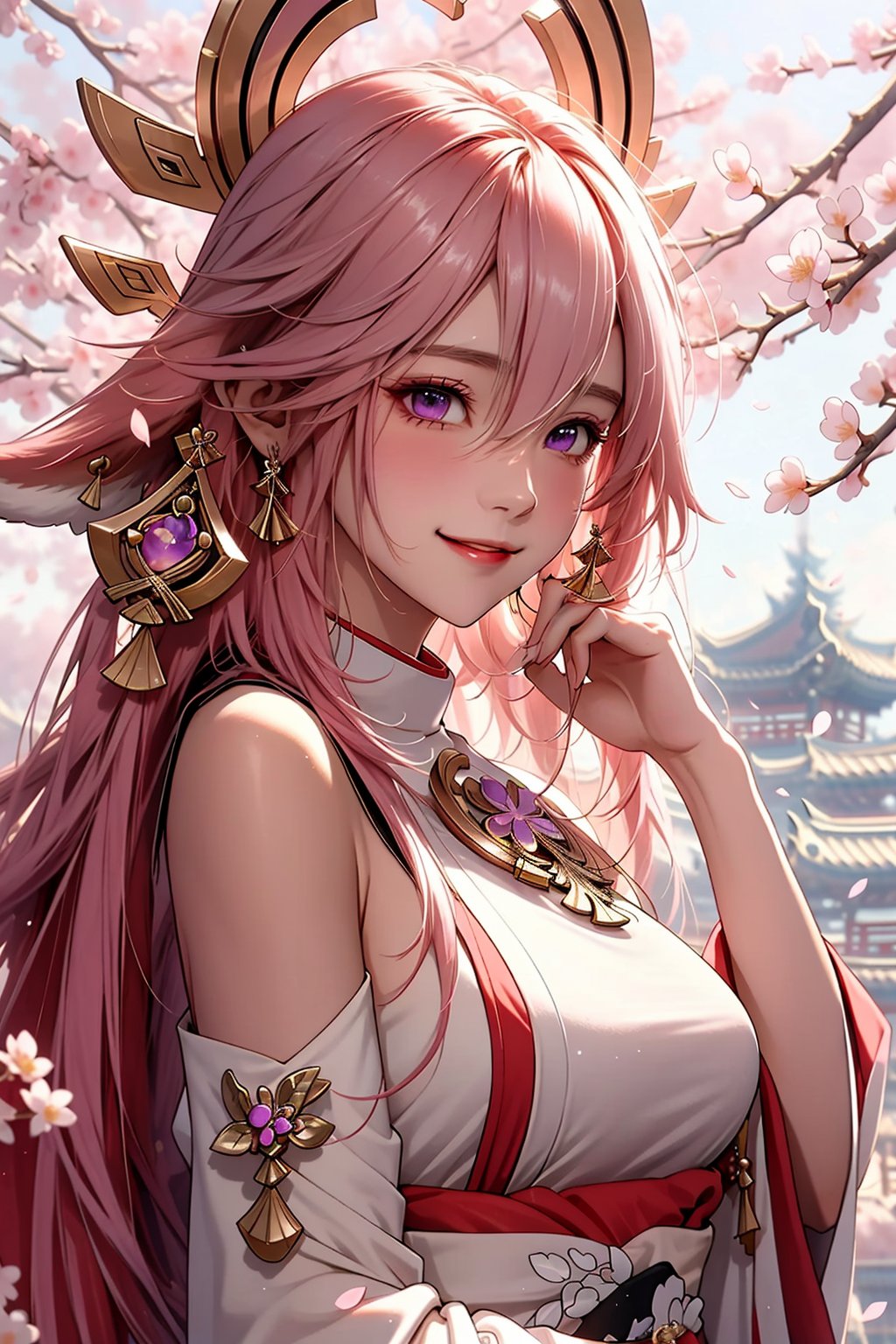 ba shen zi,1girl,solo,pink hair,long hair,purple eyes,smile,animal ears,upper body,hair between eyes,breasts,bare shoulders,blush,fox ears,japanese clothes,bangs,cherry blossoms,hair ornament,wide sleeves,closed mouth,jewelry,hand up,petals,weep,cheerful demeanor,bright personality,warm-hearted nature,optimistic outlook,vibrant energy,sun-kissed complexion,free-spirited,carefree attitude,uplifting presence,positive vibes,lively enthusiasm,beaming with happiness,natural beauty,sunshine in her eyes,infectious laughter,<lora:aki-000008:0.7>,