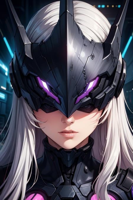 beautiful detailed portrait, beautiful woman, long lush white hair, sci-fi warrior, high-tech purple outfit, (sci-fi helmet, eyes covered up:1.2), sharp angles, metal horns, menacing, best quality, extemely detailed