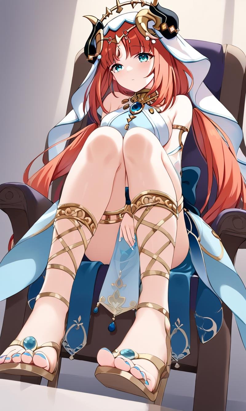 <lora:sdxl-gen-nilou-pony:0.8> gen-nilou, GenshinImpact, 1girl ,aqua eyes, eyeliner, orangered hair, shiny hair, horns, long hair, low twintails, parted bangs, sidelocks, medium breasts, blue nails, circlet, thighlet , neck ring +++ see-through veil, blue gemstone, white headwear, brooch, lightblue harem outfit, puffy long sleeves, bare shoulders, detached sleeves, gold trim, blue skirt, gladiator sandals +++ pupils sparkling, +++ sitting on chair, chair, from below, looking up, Low Angle, cinematic lighting, Art Road