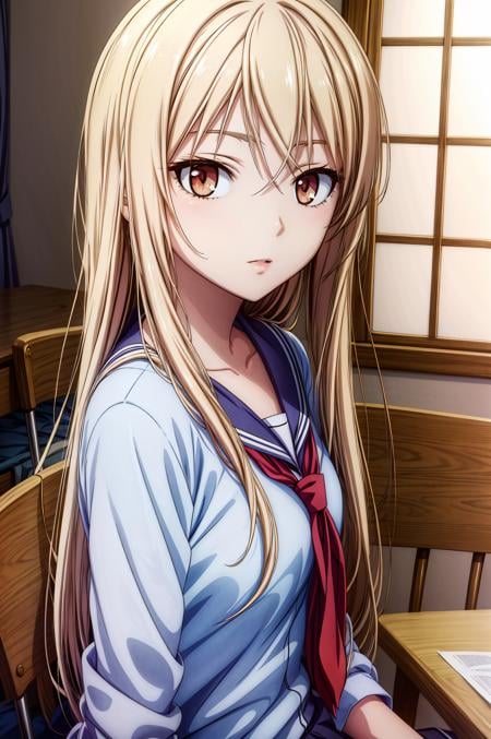 (masterpiece, best quality), <lora:mashiro shiina-lora-Faxtron:0.8> mashiro shiina, caramel-colored eyes, blonde hair, long hair, hair between eyes, long eyelashes, school uniform, <lora:add_detail:0.8>,       