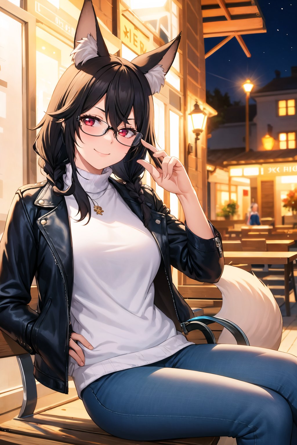 1girl, solo, sidelocks, twinbraids, black hair, red eyes, smug, smirk, glasses, sitting, bench, partk, at night, long hair, white sweater,( leather jacket, black jacket:1.2), fox girl, fox ears, fox tail, jeans, black tail, skindentation,  <lora:Fukuro-Style-v2:1>