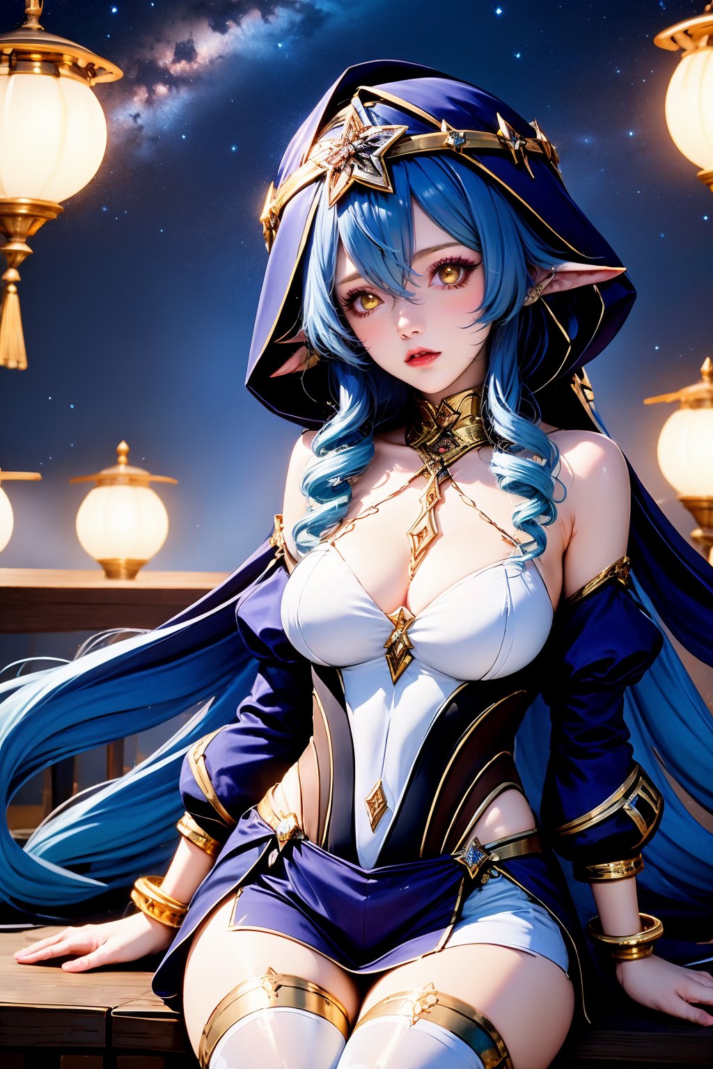 solo, 1girl, layla \(genshin impact\), breasts, blue hair, pointy ears, gloves, blue hood, looking at viewer, long hair, sidelocks, drill hair, bare shoulders, hair between eyes, black gloves, sitting, drill sidelocks, detached sleeves, very long hair, thighhighs, jewelry, claw ring, hood, white thighhighs, thighs, long sleeves, yellow eyes, puffy sleeves, sky, star \(sky\), juliet sleeves, neck ring, parted lips, hood up, large breasts, cleavage, starry sky, twin drills, medium breasts, night, lips, night sky, bracelet, cowboy shot, arm support, gold trim, skindentation, fingerless gloves, bags under eyes, gold choker, makeup, white pantyhose, ringlets, bright pupils, blue sleeves, starry background