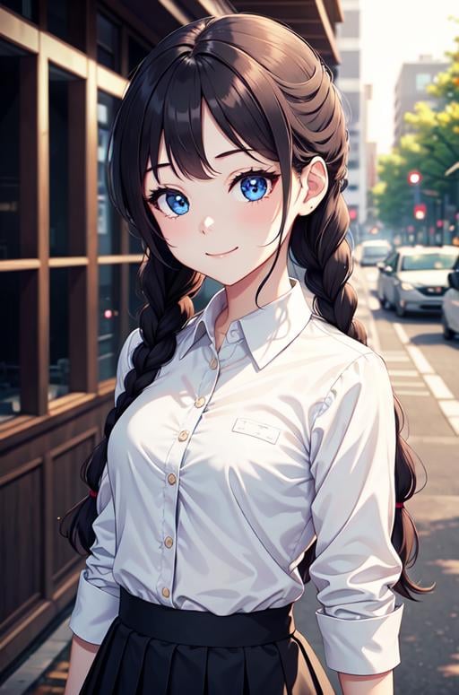 masterpiece,best quality,upper body,1girl,collared_shirt and flared_skirt as material1,色彩,variations,bust chart,multiple braids,gmyh,small breasts,gradient eyes,crazy smile,blurry foreground