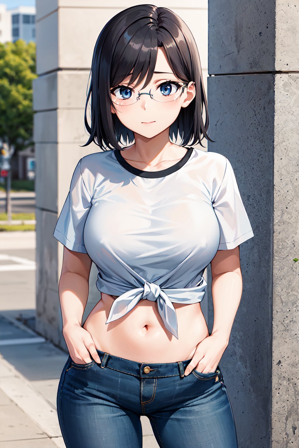 masterpiece, best quality, highres, aamii, short hair, blue eyes, glasses, <lora:konori_mii_v1:0.7>, large breasts, t-shirt, white shirt, tied shirt, midriff, jeans, hands in pockets, street, 