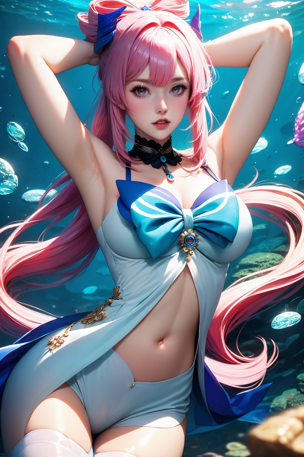 1girl, solo, breasts, armpits, long hair, navel, pink hair, cleavage, looking at viewer, sangonomiya kokomi, arms up, parted lips, underwater, very long hair, arms behind head, water, bow, dress, white thighhighs, bubble, gem, thighhighs, jewelry, lips, stomach, cowboy shot, grey eyes, teeth, blue bow, large breasts, ponytail, blue gemstone, vision \(genshin impact\),