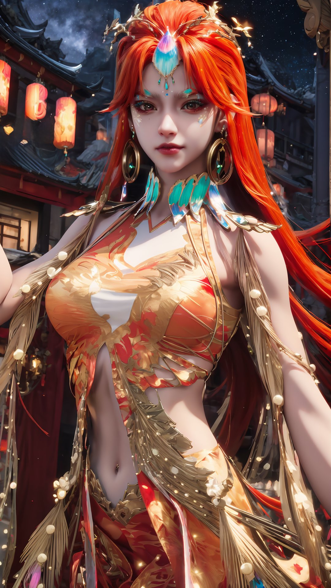 masterpiece,best quality,official art,extremely detailed CG unity 8k wallpaper,realistic,light rays,light particles,1girl,solo,red_hair,long_hair,breasts,jewelry,dress,medium chest,flame,rubble_ruins,night,starry_sky,long_hair,earrings,hair_ornament,hairpin,dynamic pose,looking at viewer,chinese_clothes,