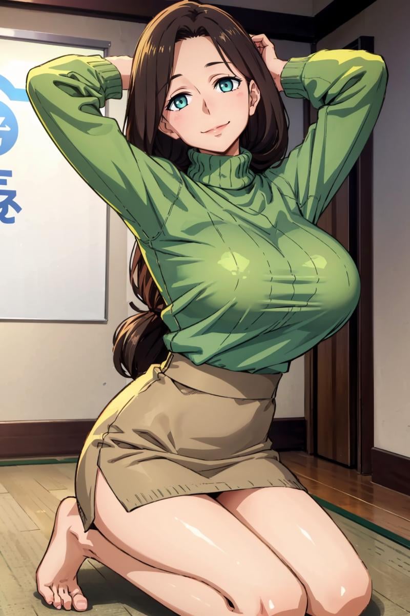 masterpiece, best quality,  <lora:aimom-nvwls-v1:1> 1girl, aimom, hair over shoulder, mature female, large breasts, green sweater, turtleneck, pencil skirt, seiza, arms behind head, smile, looking at viewer, barefoot