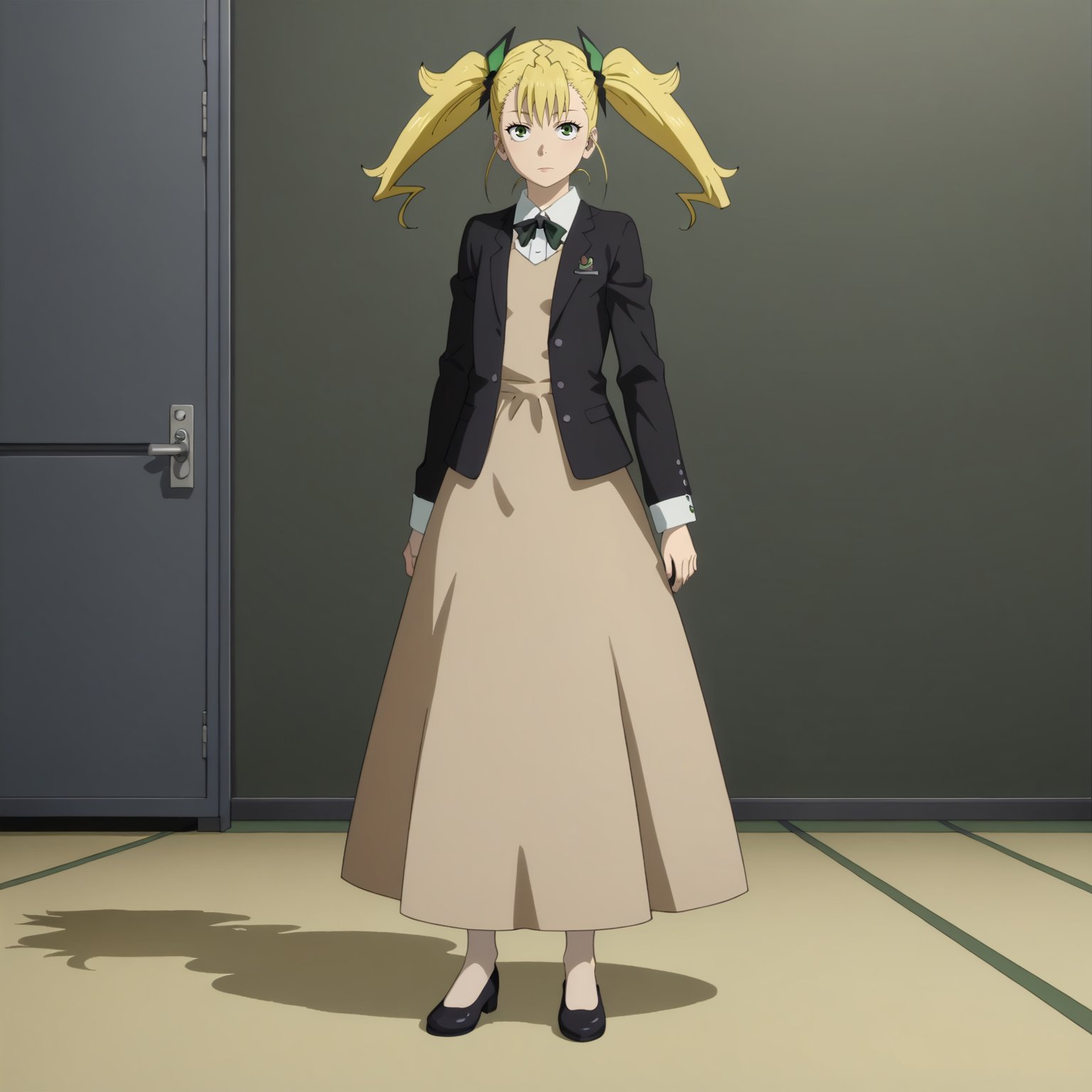 <lora:KikoruShinomiyaXLpony001>,solo,KikoruShinomiya,1girl,blonde hair,twintails,green eyes,full body,standing,formal_dress,