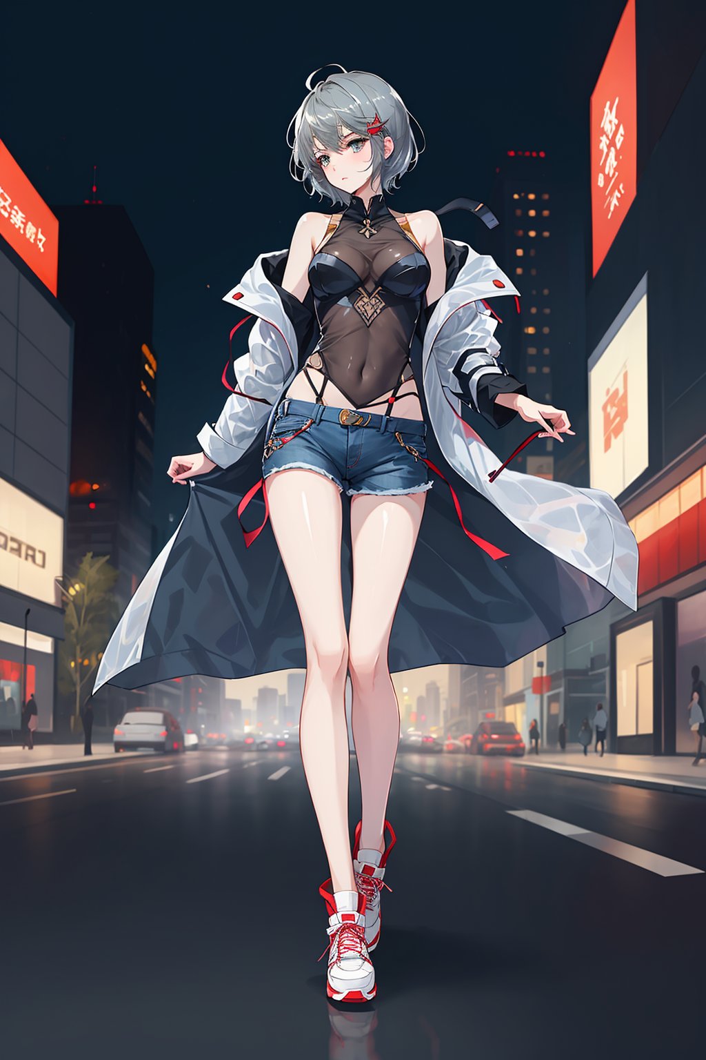 1girl,short hair,short jeans,see through coat,standing in city, full body, <lora:As_Sa:1>, (((masterpiece,best quality))),((good structure,Good composition,good atomy)), ((clear, original,beautiful)),