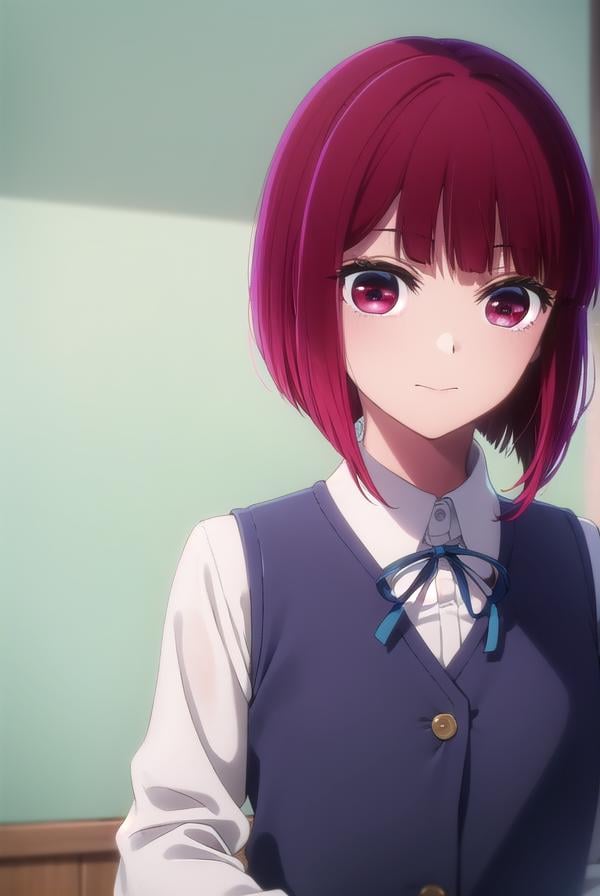 kanaarima, <lora:kana arima s1-lora-nochekaiser:1>,kana arima, short hair, bangs, (red eyes:1.3), red hair, bob cut, smile,BREAK long sleeves, school uniform, white shirt, collared shirt, vest, black vest,BREAK indoors,BREAK looking at viewer, (cowboy shot:1.5),BREAK <lyco:GoodHands-beta2:1>, (masterpiece:1.2), best quality, high resolution, unity 8k wallpaper, (illustration:0.8), (beautiful detailed eyes:1.6), extremely detailed face, perfect lighting, extremely detailed CG, (perfect hands, perfect anatomy),