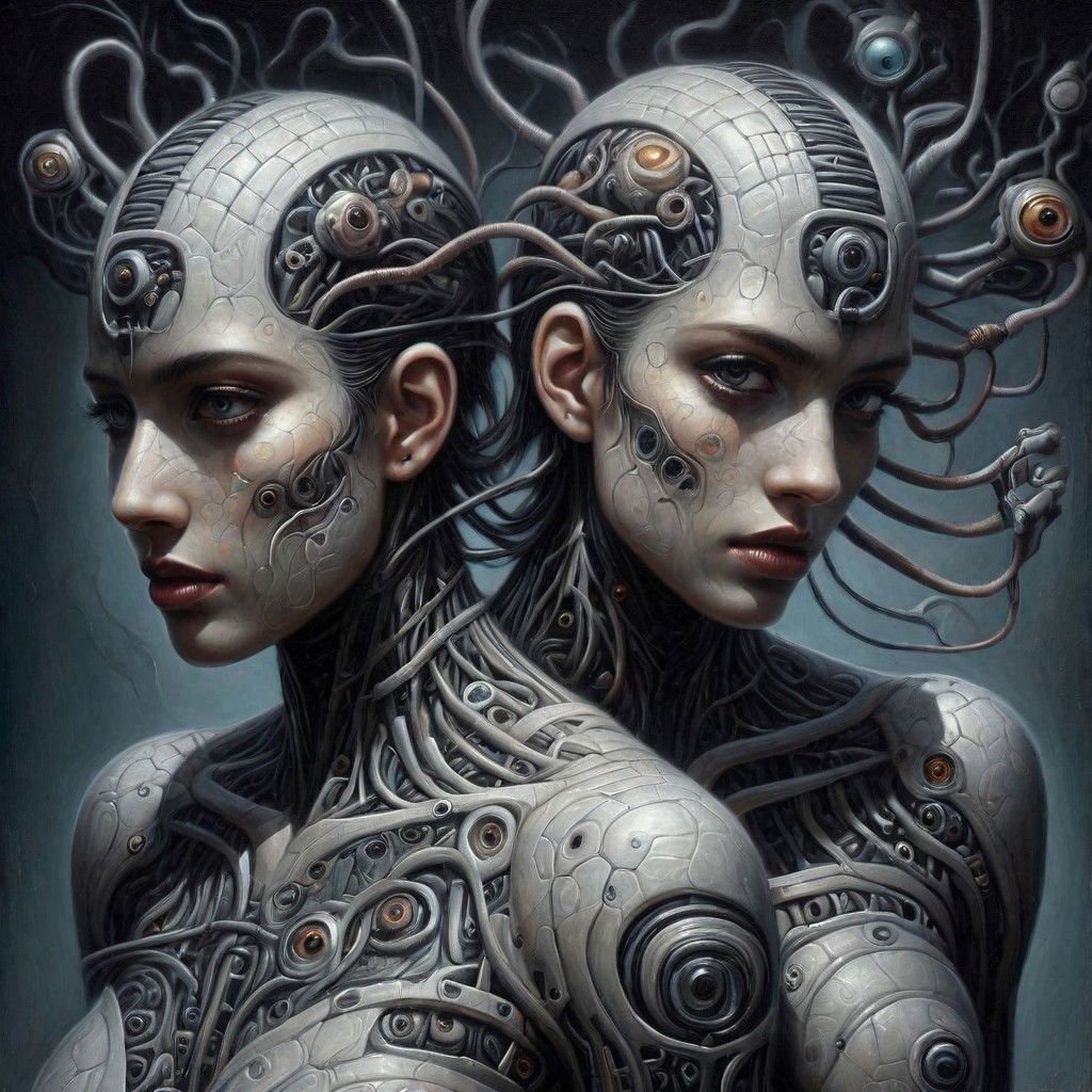 Nanopunk cyber gothic hybrid biomorphed man and woman ,covered with nanites skin texture, nanite swarms, wide shot capturing the entire body, fusion of organic and cybernetic details, nanotechnology, nanites, careful pattern, shadow play intensifying the enigma, immersed in an ethereal ambiance, digital painting, ultra realistic. . Jeff Soto ,lowbrow art style, surreal