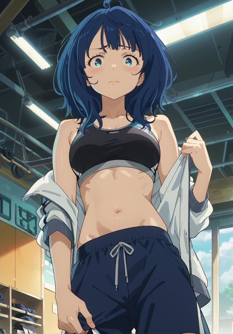 score_9, score_8_up, score_7_up,source_anime, solo, standing, gym, indoors, from below, messy hair, looking at viewer, embarrassed, closed mouth, sports bra, jacket, open jacket, undressing, <lora:YanamiAnna:1>, yanamianna, medium hair, ahoge, anime screencap, anime coloring