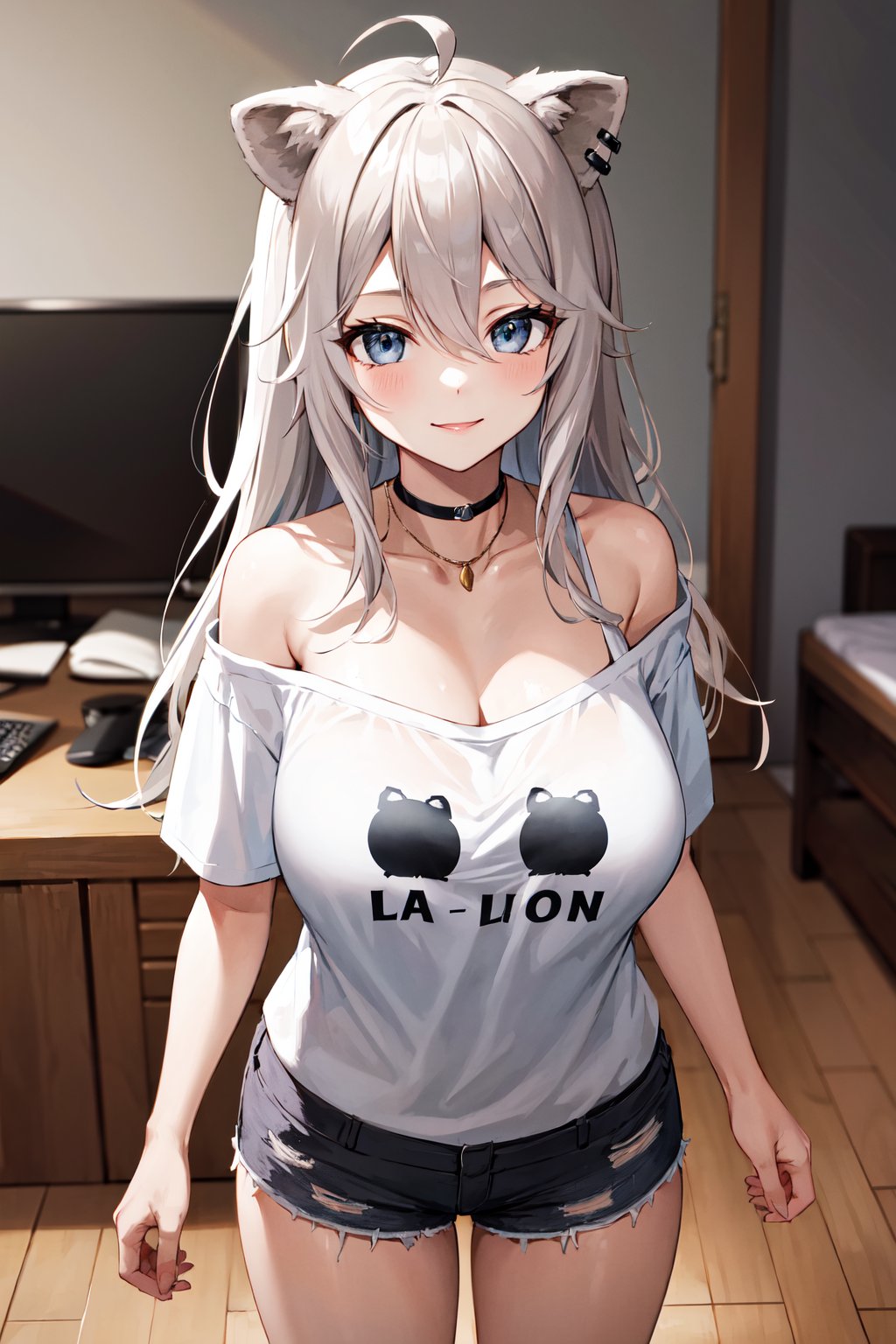 masterpiece, best quality, highres, eebotan, long hair, ahoge, animal ears, ear piercing, large breasts, black choker, collarbone, necklace, single bare shoulder, off shoulder, t-shirt, print shirt, white shirt, clothes writing, short sleeves, short shorts, <lora:shishiro_botan_v1:0.7>, standing, cowboy shot, indoors, smile