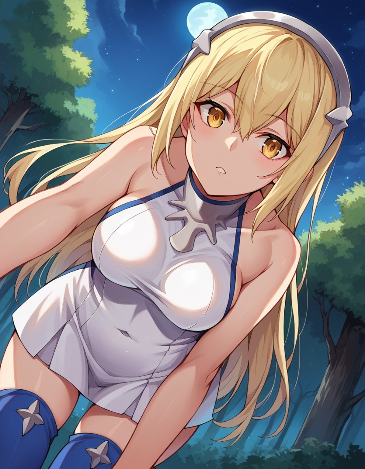 score_9, score_8_up, score_7_up, source_anime,aizwallenstein, <lora:aiz-wallenstein-ponyxl-lora-nochekaiser:1>,aiz wallenstein, blonde hair, hair between eyes, hairband, long hair, yellow eyes, sidelocks,blue thighhighs, covered navel, dress, multicolored clothes, multicolored dress, taut clothes, taut dress, thighhighs,outdoors, forest, nature, night, moon, bent over,looking at viewer, dutch angle, cowboy shot,