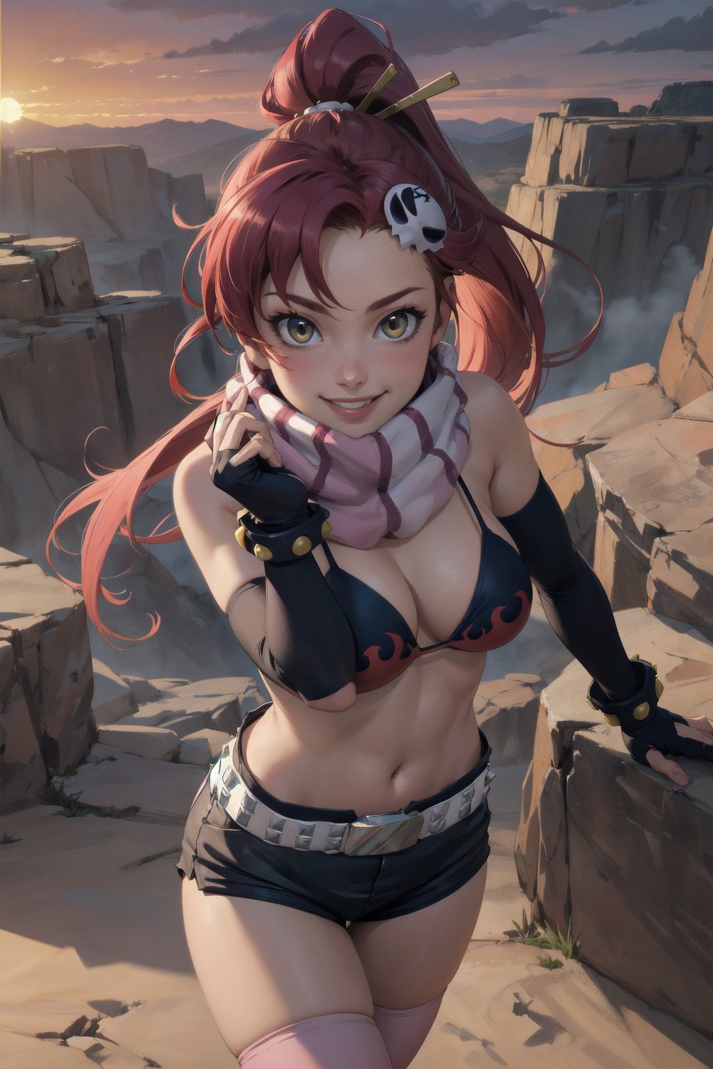 masterpiece, best quality, highres, yl1, ponytail, scarf, bikini top only, short shorts, midriff, belt, fingerless gloves, skull hair ornament, elbow gloves, pink thighhighs,  <lora:yoko_littner_v1:0.7>, cowboy shot, moor, smile, dynamic pose, from above, sunset,  mecha