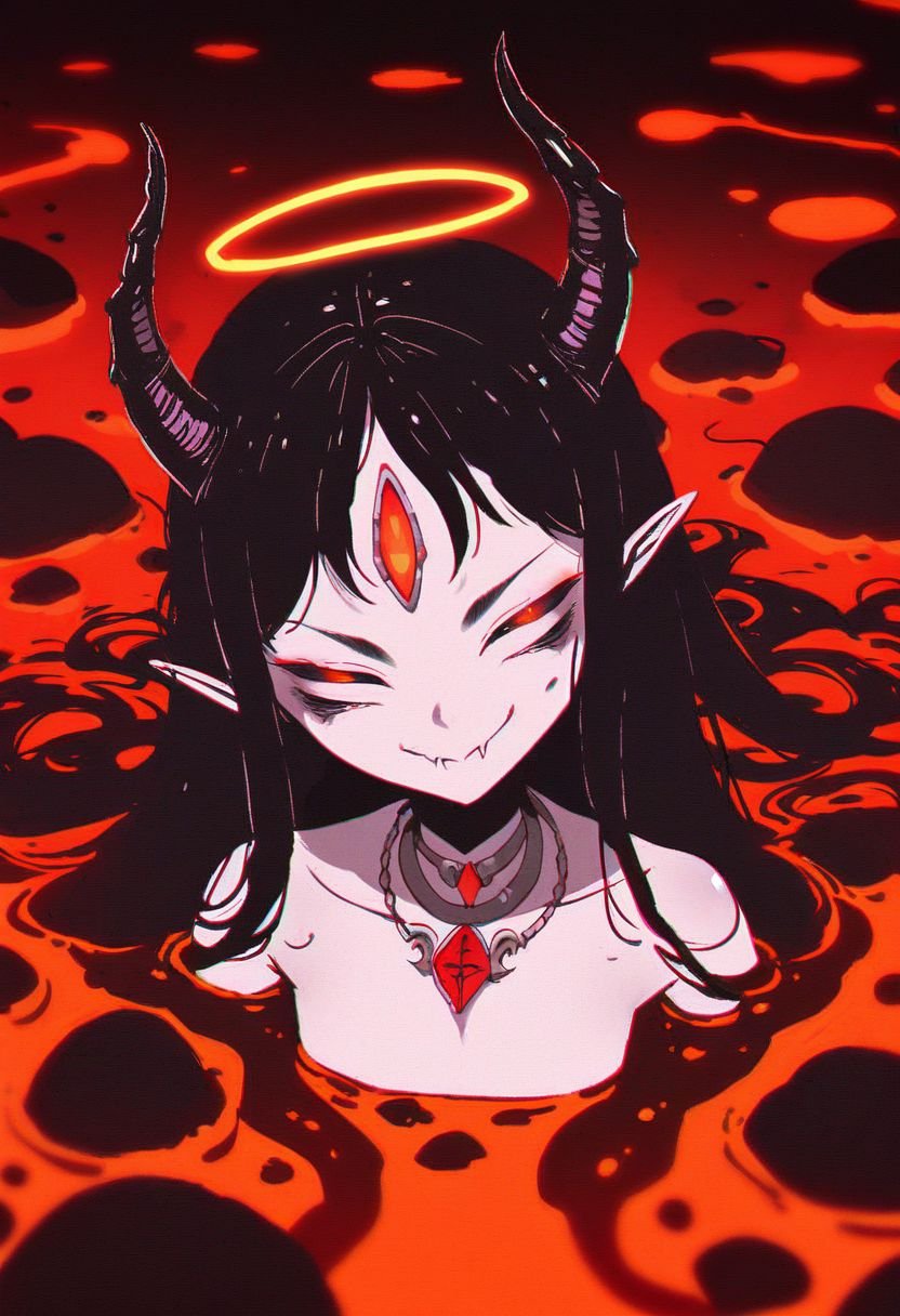 score_9, score_8_up, score_7_up, demon girl, looking at viewer, dark background, (submerged), floor, long hair, through floor, (glowing eyes:0.4), fog, ((hand on floor, lava, head tilt)), leaning, skinny, (glaring:0.5), naughty face, horns, halo, foam, jewelry, chromatic aberration,