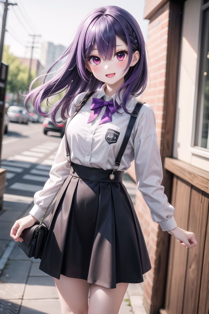 insanely detailed, absurdres, ultra-highres, ultra-detailed, best quality,1girl, solo, nice hands, perfect handsBREAKbraid, shirt, holding, mary janes, socks, black skirt, long hair, white shirt, suspender skirt, white socks, long sleeves, ribbon, suspenders, standing, ruffles, black ribbon, bow , black bow tie, long skirt, black bow, neck ribbon, bowtie, bagBREAK(nsfw:-1.5)BREAKhappy smile, laugh, open mouthBREAKstanding, cowboy shot, looking at viewerBREAKslender, kawaii, perfect symmetrical face, ultra cute girl, ultra cute face, ultra detailed eyes, ultra detailed hair, ultra cute, ultra beautifulBREAKin school ground, depth of field, ultra detailed backgroundBREAKlarge breastsBREAK(purple hair:1.3), red eyes, milkmaid braids, hair between eyes