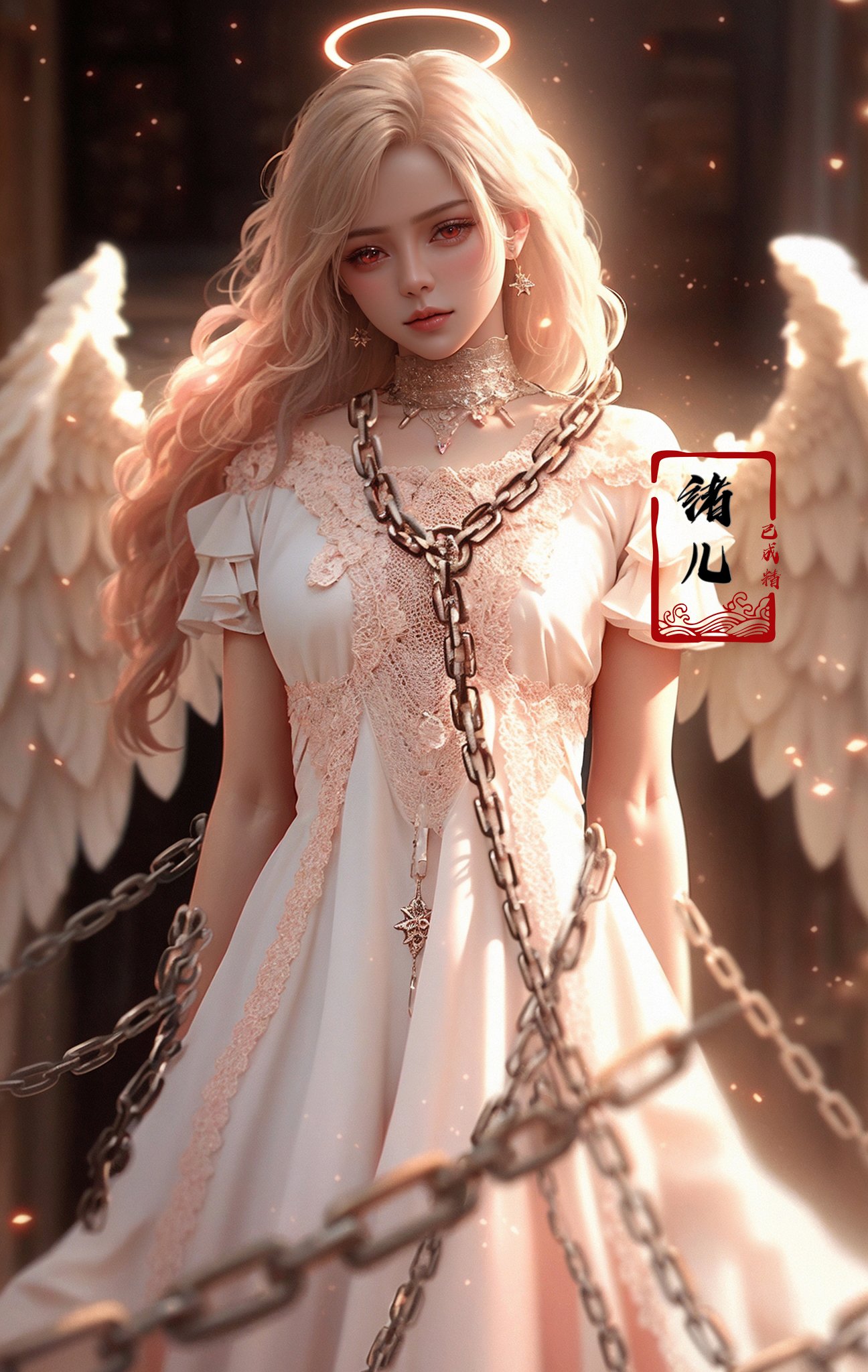 Epic CG masterpiece, a woman dressed in an angelic outfit in chains, delicate face, hdr,dtm, full ha,8K, ultra detailed graphic tension, dynamic poses, stunning colors, 3D rendering, surrealism, cinematic lighting effects, realism, 00 renderer, super realistic, full - body photos, super vista, super wide Angle, rich details, highest quality, extremely exquisite,Black background，1girl, chain, wings, solo, dress, blindfold, white dress, jewelry, veil, choker, ring, own hands together, angel wings, feathered wings, covered eyes, halo，(Red eyes:1.4)， <lora:绪儿-锁链天使 Angel:0.8>