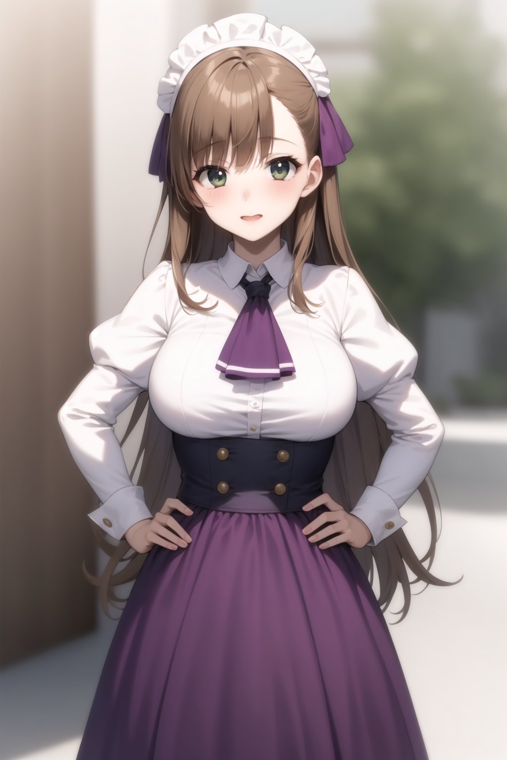 Highly detailed, High Quality, masterpiece, beautiful,BREAK 1girl, Focus solo, (young woman), (16 old), BREAK Uniform Sweet Ohara, skirt, long sleeves, dress, standing, puffy sleeves, red ascot, hands on hips, long skirt, (purple skirt:1.2), white dress, wrist_cuff, maid headdress, waist-length skirt,BREAK looking_at_viewer, from_view, (Focus breasts:1.3), motion blur<lora:EMS-327022-EMS:0.300000>, <lora:EMS-434503-EMS:0.800000>