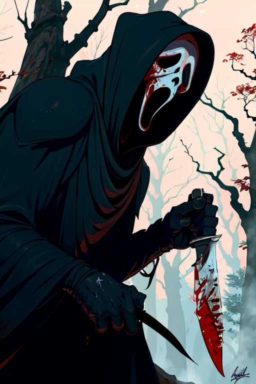 masterpiece,best quality,extreme detail,8k,white background,<lora:ghostface:0.8>,ghostface, solo, open mouth, holding, weapon, outdoors, signature, hood, holding weapon, tree, blood, mask, night, knife, nature, cloak, 1other, hood up, forest, holding knife, blood on weapon, blood on knife