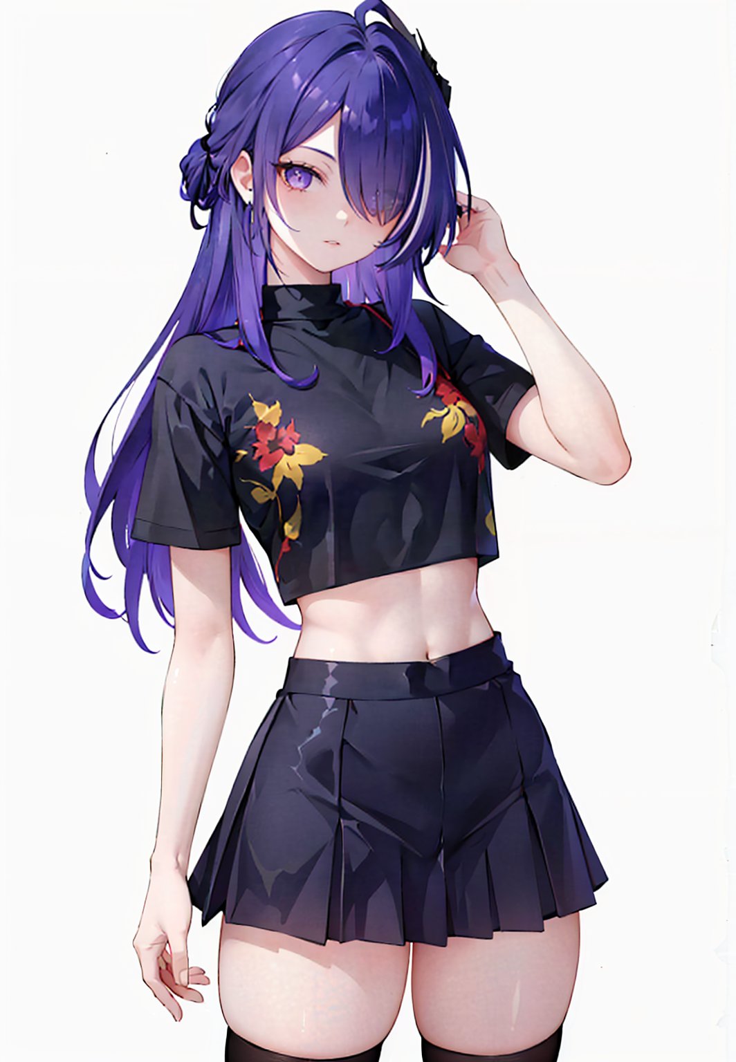 ((masterpiece,best quality)), acheron, hair over one eye, black crop top, short sleeves, black miniskirt, floral print, black thighhighs, simple background,