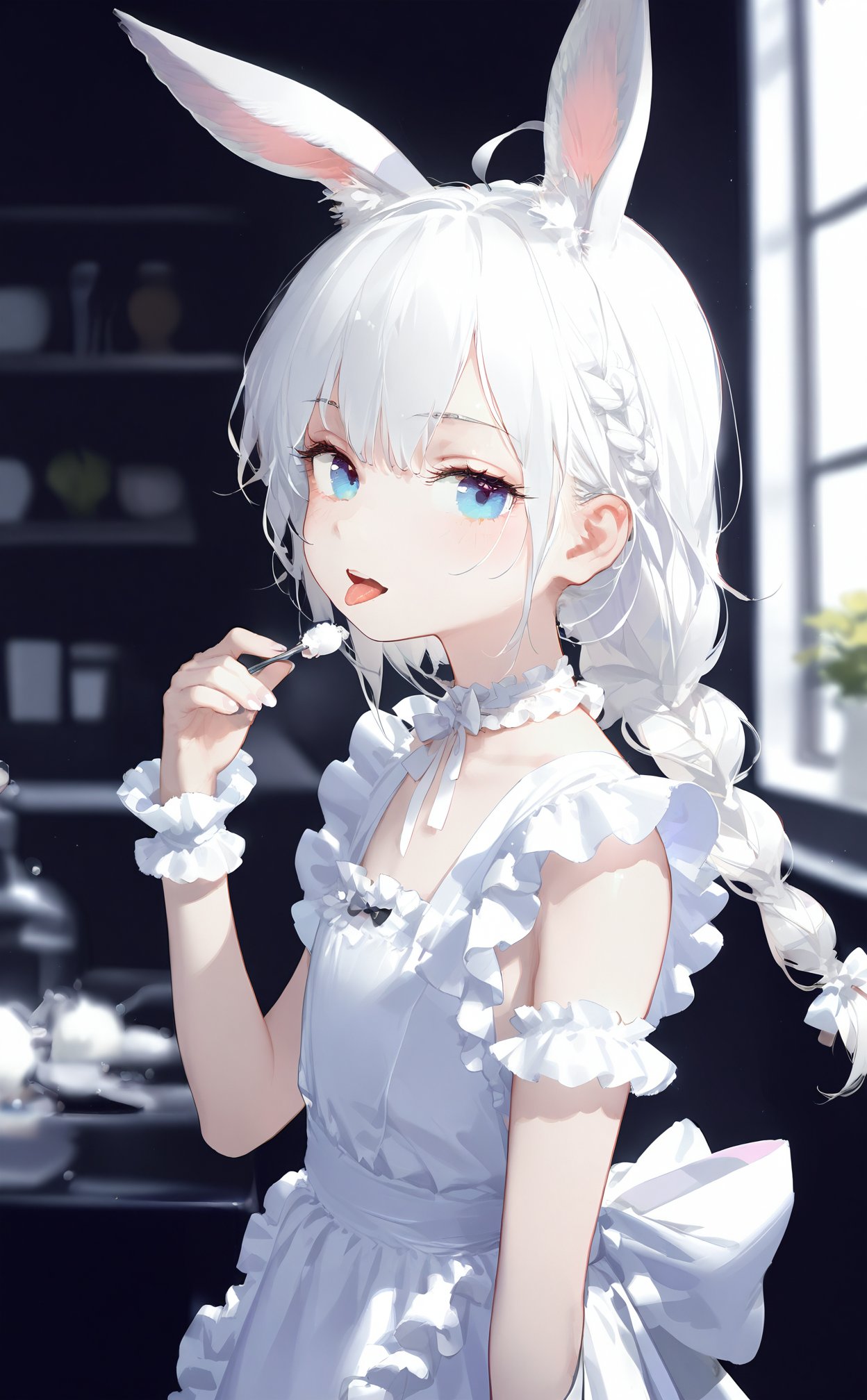 masterpiece,best quality,high quality,(colorful),loli,artist:chenbin,artist:tianliang duohe fangdongye,artist:wlop,Artist:ask (askzy),1girl,blue eyes,solo,animal ears,long hair,braid,white hair,rabbit ears,ahoge,wrist cuffs,white choker,looking at viewer,blurry,blurry background,tongue,choker,upper body,frills,collar,tongue out,white theme,teeth,apron,single braid,depth of field,parted lips,animal ear fluff,open mouth,fingernails,white apron,braided ponytail,white nails,hand up,frilled apron,lips,pink nails,white bow,nail polish,from side,white collar,indoors,upper teeth only,nose,