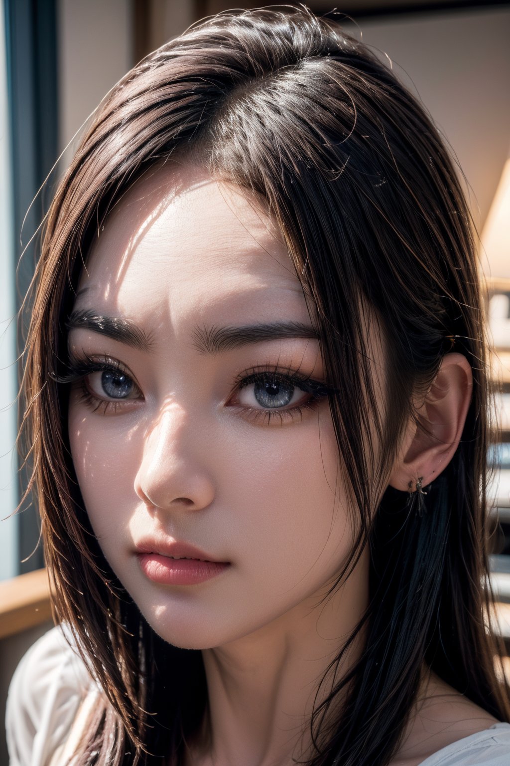 (beautiful detailed eyes:1.2),(Extremely detailed 8K eyelashes:1.2),(sharp nose:1.2),(detailed face:1.2),(a face of perfect proportion:1.1)solo, 1girl, realistic, mechanical arms, indoors, long hair, breasts, looking at viewer, 