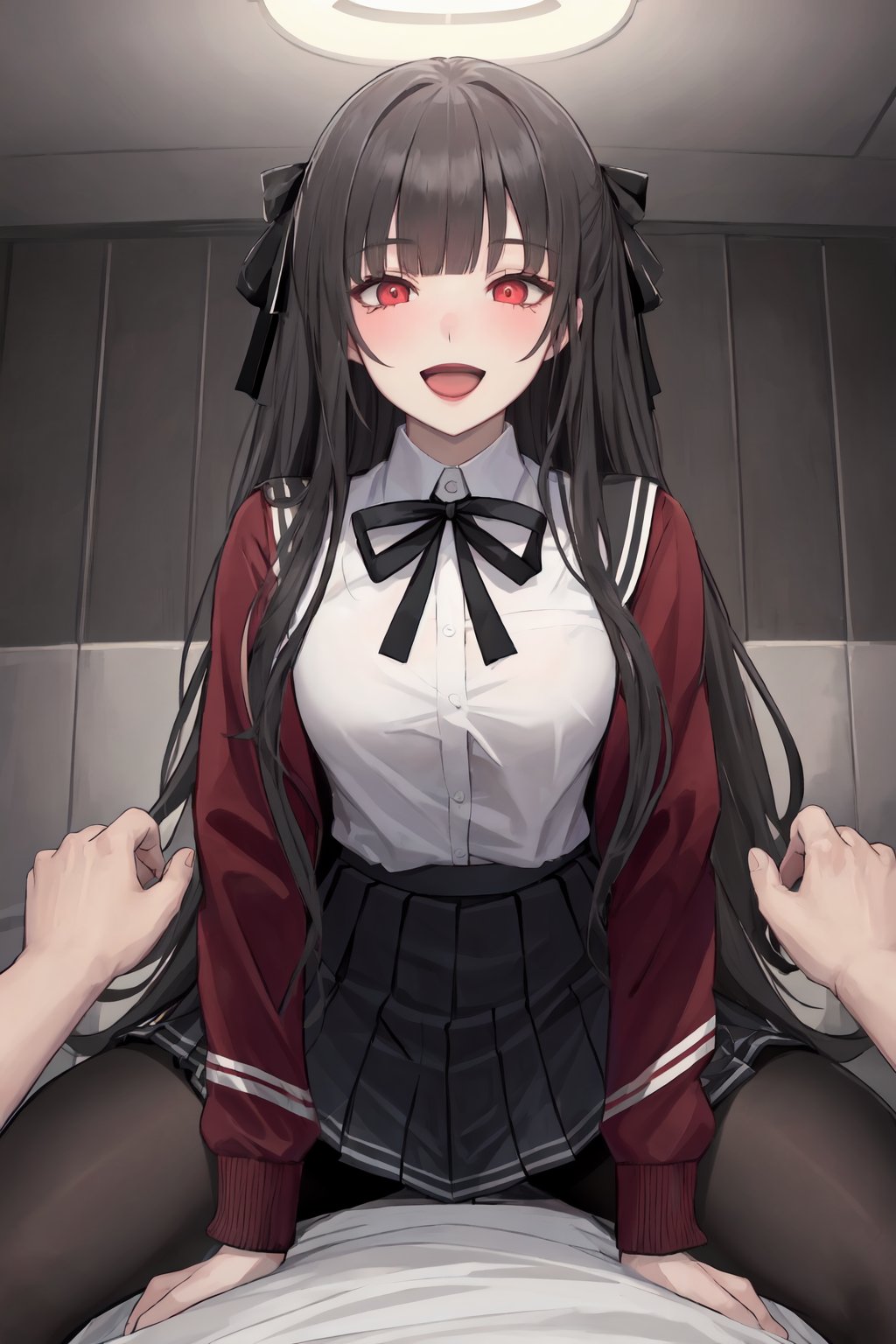 masterpiece, best quality, ultra detailed, high-resolution, 8k, detailed beautiful face and eyes,pov, straddling,1boy, yandere,from below,open mouth, smiling,hmjy1 long hair blunt bangs red eyes school uniform red jacket black pantyhose white shirt black ribbon pleated skirt long sleeves + glowing eyes blush