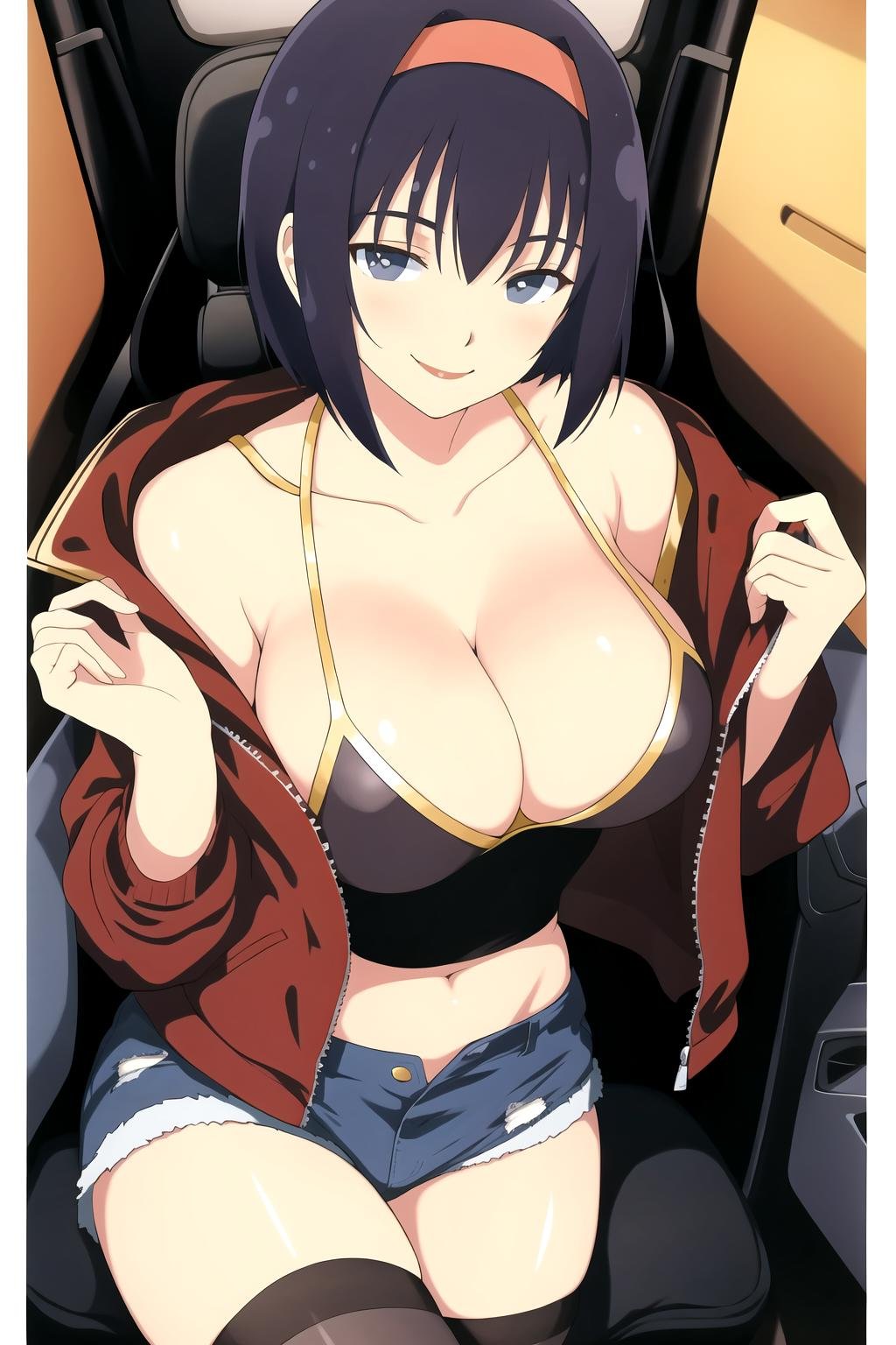 masterpiece, best quality, Fayev, thighhighs, short hair, hairband, open jacket, smile, cleavage,  <lora:senran_kagura-000012:0.9>  <lora:Fayev1:0.4>