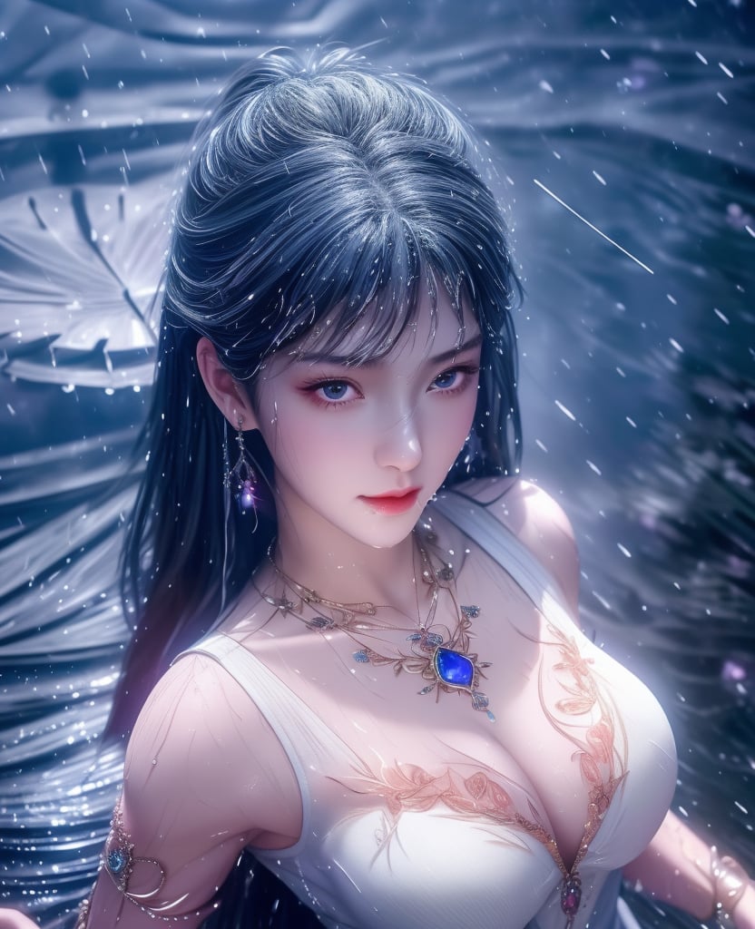 <lora:斗罗大陆-唐舞桐-海神缘:0.8> (,1girl, ,best quality, ),looking at viewer, ,ultra detailed 8k cg, ultra detailed background,  ultra realistic 8k cg,          cinematic lighting, cinematic bloom, (( , )),,  , unreal, science fiction,  luxury, jewelry, diamond, pearl, gem, sapphire, ruby, emerald, intricate detail, delicate pattern, charming, alluring, seductive, erotic, enchanting, hair ornament, necklace, earrings, bracelet, armlet,halo,masterpiece, (( , )),,  ,cherry blossoms,(((, night,night sky,,  ultra high res, (photorealistic:1.4), raw photo, 1girl, , rain, sweat, ,wet, )))(( , ))   (cleavage), (),