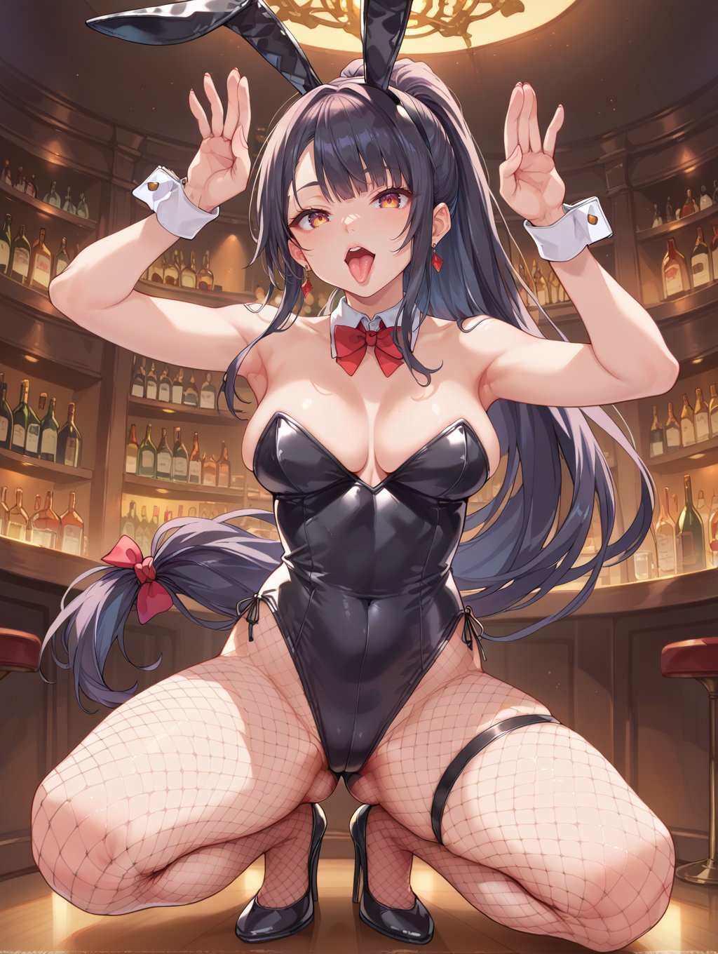 score_9, score_8_up, score_7_up, long hair, ear bar, low-tied long hair, playboy bunny, fishnet legwear, fishnet, fake rabbit ears, rabbit_pose, high ponytail, black clothing, solo, tongue out,