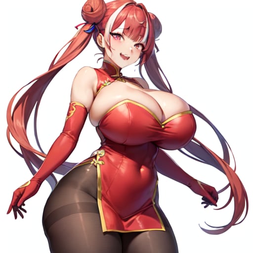 1girl, solo, original, chinese clothes, red dress, brown bodysuit, brown pantyhose, cleavage, cleavage cutout, bare shoulders, detached sleeves, red eyes, pink eyes, streaked hair, long hair, twintails, cone hair bun, huge breasts, curvy, thick thighs, bouncing breasts, seductive smile, naughty face, lewd, sexy, hot, glamorous, blunt bangs, standing, cleft of venus, white background, simple background, anime screencap, anime coloring, key visual, studio anime, standing, 