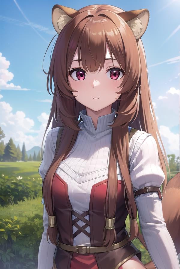 raphtalia, <lora:raphtalia-lora-nochekaiser:1>,raphtalia, animal ears, brown hair, long hair, raccoon ears, raccoon girl, raccoon tail, (red eyes:1.5), tail,BREAK arm garter, belt, brown belt, brown dress, dress, juliet sleeves, long sleeves, puffy sleeves, short dress,BREAK looking at viewer,BREAK outdoors, forest, nature, sun, sky, (cowboy shot:1.5),BREAK <lyco:GoodHands-beta2:1>, (masterpiece:1.2), best quality, high resolution, unity 8k wallpaper, (illustration:0.8), (beautiful detailed eyes:1.6), extremely detailed face, perfect lighting, extremely detailed CG, (perfect hands, perfect anatomy),