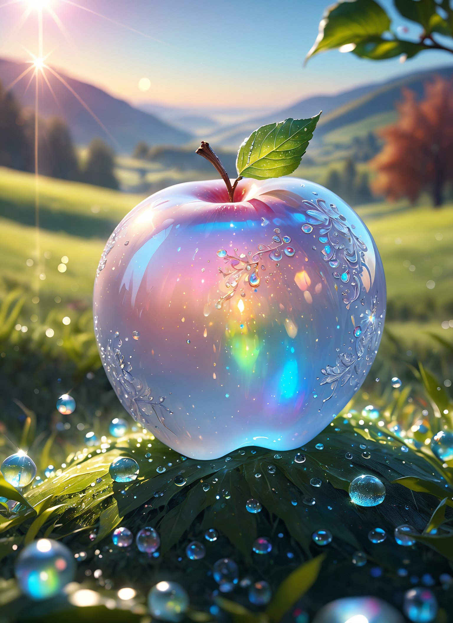 Medium format photorealistic highly detailed 8k photography, Macro studio photography, (Opal apple drenched in morning dew:1.2), Rich composition, Idyllic valley vista, (Opalescent gleam:1.2), Volume of light, Inner radiance, (Ethereal sparkles:1.2), Glowing bioluminescence, Detailed focus, Vivid clarity, Radiant aura, Studio precision, Enhanced luminosity