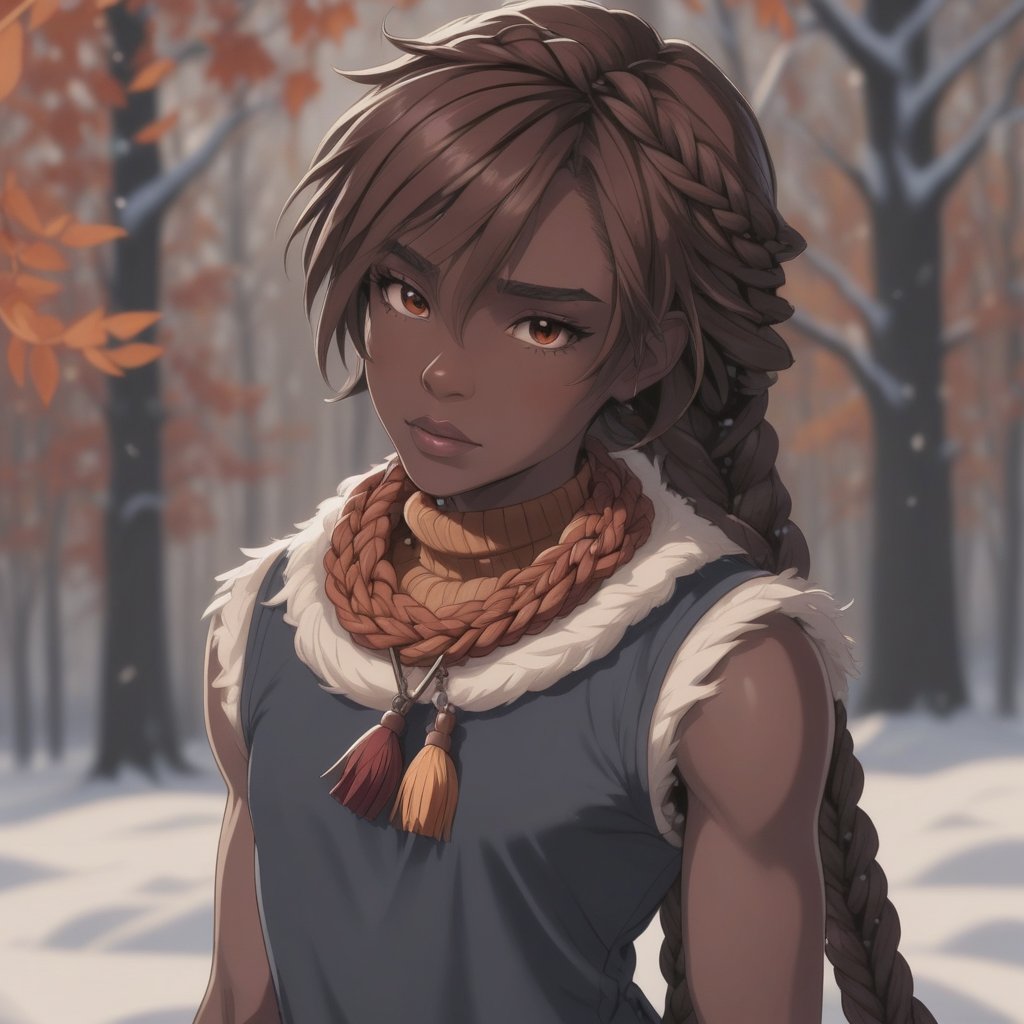 braid, weapon, pointy ears, dark-skinned male, winter, lips, autumn, fringe trim, necklace, sleeveless, sleeveless dress