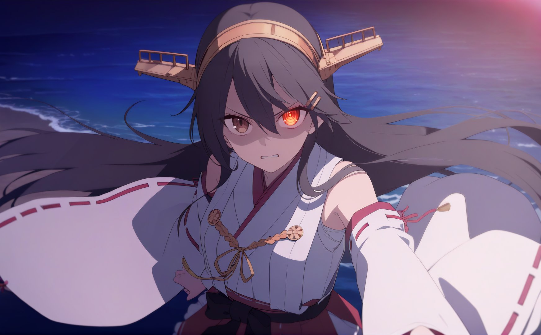 1girl, haruna \(kancolle\) \(kaisan\), nontraditional miko \(kaisan\), headgear \(kaisan\), hairband \(kaisan\), black hair, hairclips, solo, bare shoulders, wide sleeves, night theme, medium shot, from above,  standing, expressionless, v-shaped eyebrows, serious, brown eyes, glowing eye, flaming eye,  parted lips, shaded face, looking at viewer, ocean, water, horizon, masterpiece, highres, absurdres, best quality, safe <lora:HarunaXL-Lokr-01:0.7>