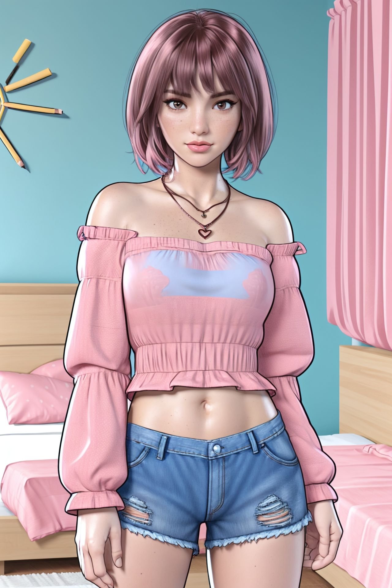 1girl, solo, sienna, ((blue short)) (((pink top))), sexy, necklace, long sleeves, pink-brown hair, beautiful, standing in her room <lora:sienna02:0.6> comic, <lora:Pencil_Sketch_Style:0.8> pencil sketchbeautiful, detailed, best quality, high resolution, masterpiece, 8k, perfect quality