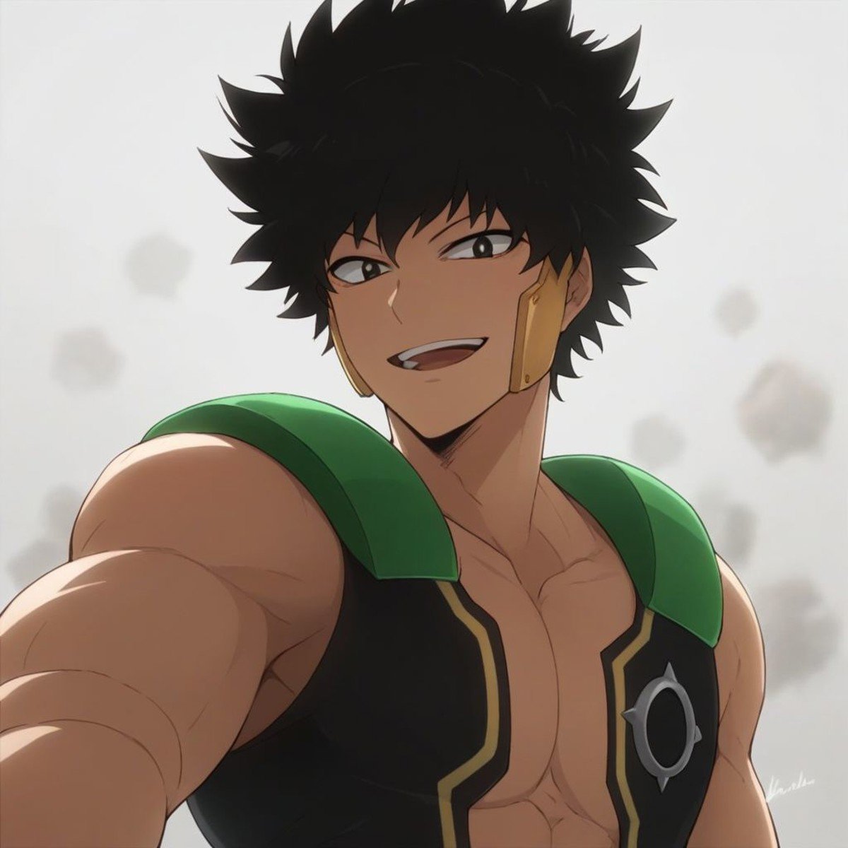 score_9, score_8_up, score_7_up, source_anime, anime, anime coloring, looking at viewer, 1boy, solo, male focus, toned male,  bust shot, seductive smile, open mouth, Yo Shindo, black eyes