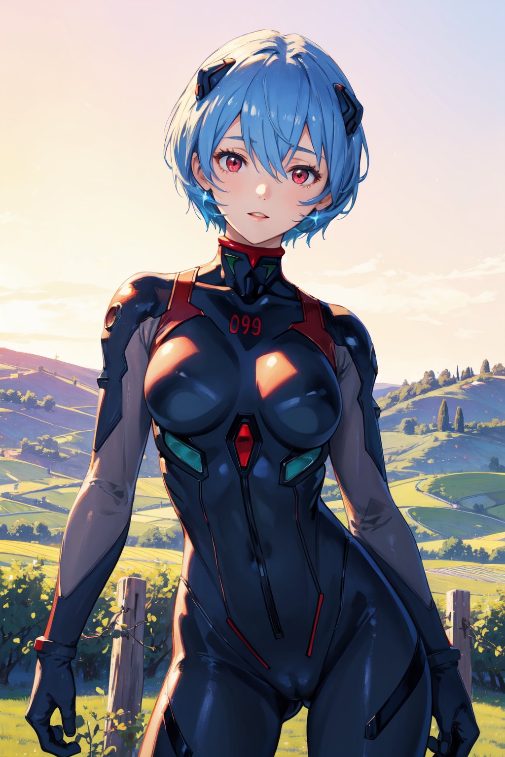 <lora:Rei-000011:0.6>,Rei CYQL,1girl,looking at viewer,solo,blue hair,red eyes,hair between eyes,medium breasts,(Rei 09,short hair,black bodysuit,plugsuit,interface headset,bodysuit,two-tone sleeves),;d,full_shot,Grapevines,Tuscan villa,Vineyard rows,Springtime blooms,Tuscan landscape,Rustic charm,beautiful detailed sky,beautiful detailed glow,posing in front of a colorful and dynamic background,masterpiece,best quality,beautiful and aesthetic,contrapposto,female focus,wallpaper,